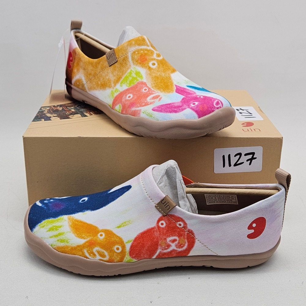 UIN Say Cheese Dog Print Art Travel Shoes Womens 10.5 Knit Slip On Loafers